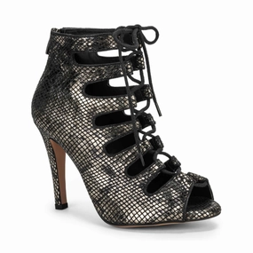 Fall Mood Adjustable Strap Luciana - Lace Up Metallic Black Snake Print Open Toe Bootie (Street Sole)