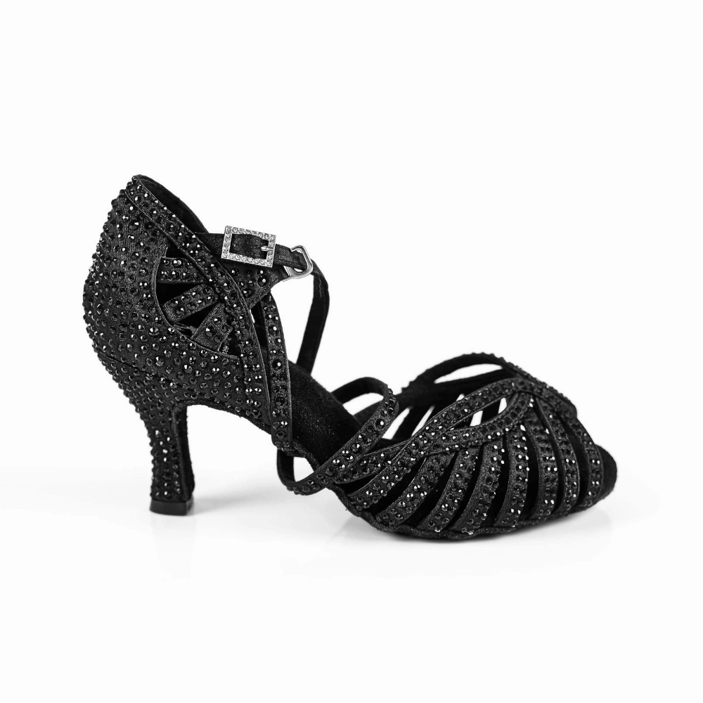 Flawless Step Round Toe Abelia Black Rhinestone Double Padded Latin Dance Shoes (Suede Sole)