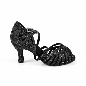 Flawless Step Round Toe Abelia Black Rhinestone Double Padded Latin Dance Shoes (Suede Sole)