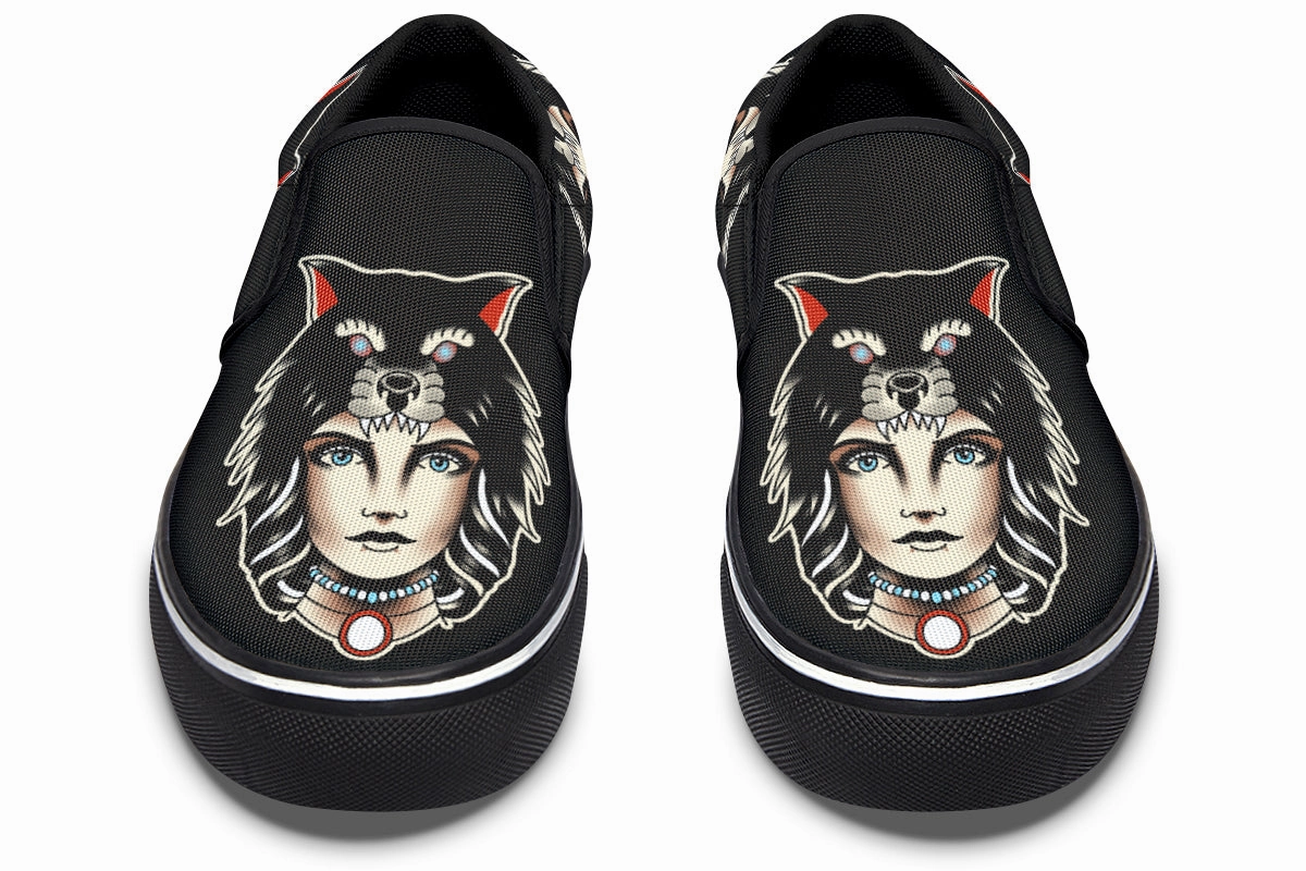 Wolf Cowl Girl Head Slip On Shoes Cushioned Rock Path
