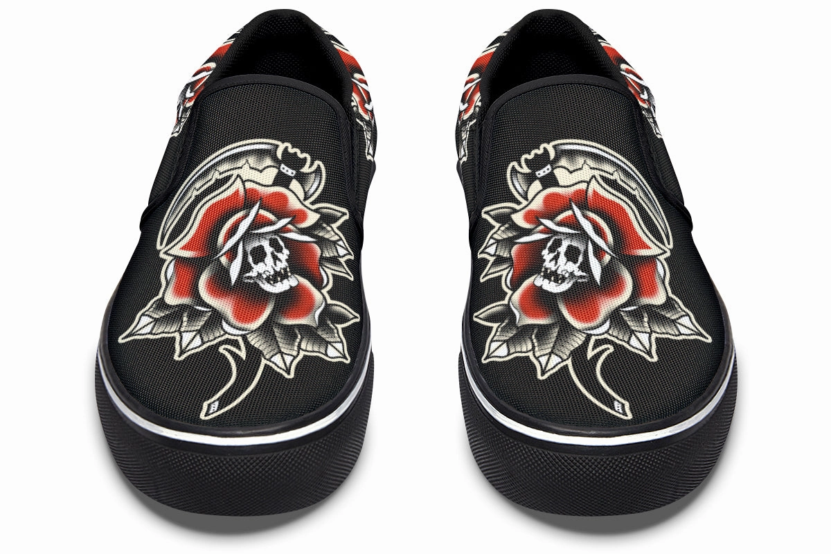 Red Rose Scythe Skull Slip On Shoes Couple Pair