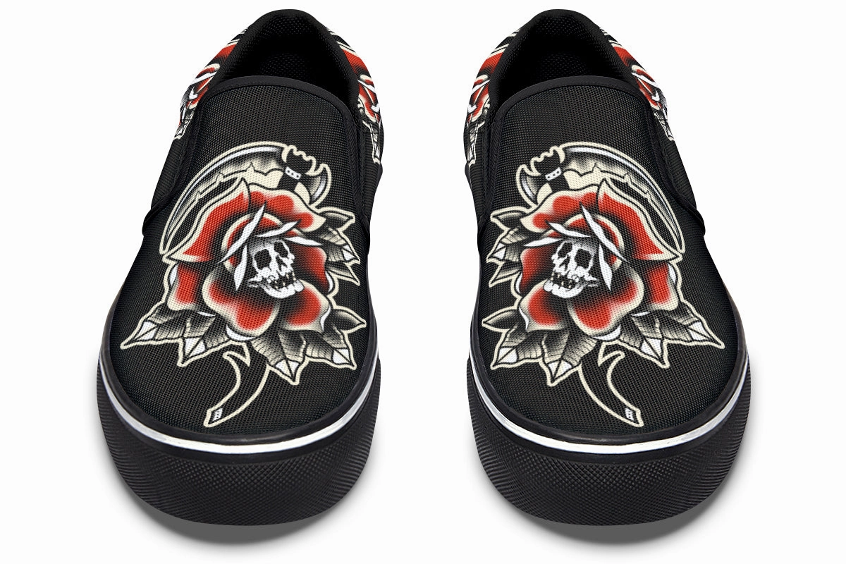 Dynamic Edge Red Rose Scythe Skull Slip On Shoes