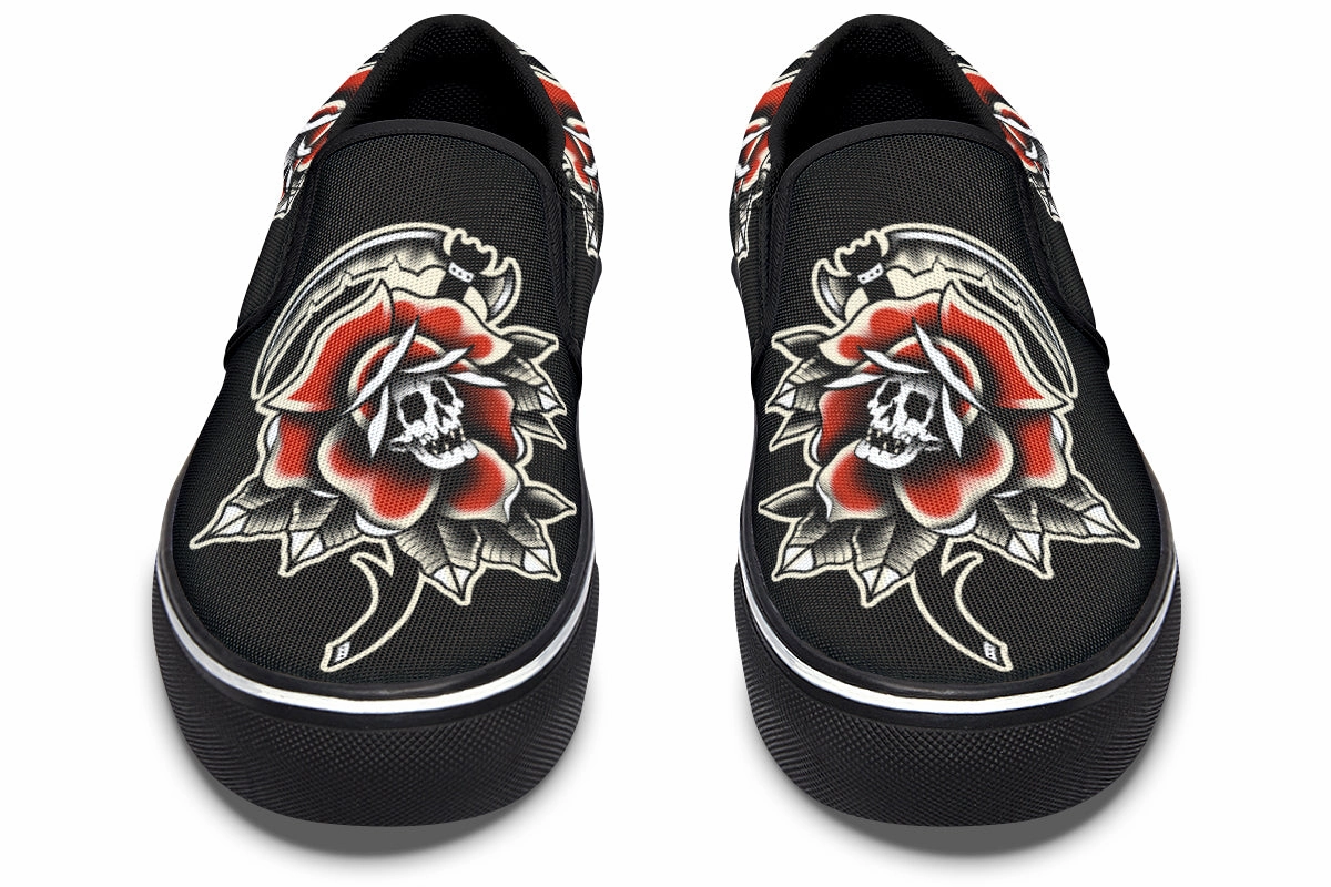 Dynamic Edge Red Rose Scythe Skull Slip On Shoes