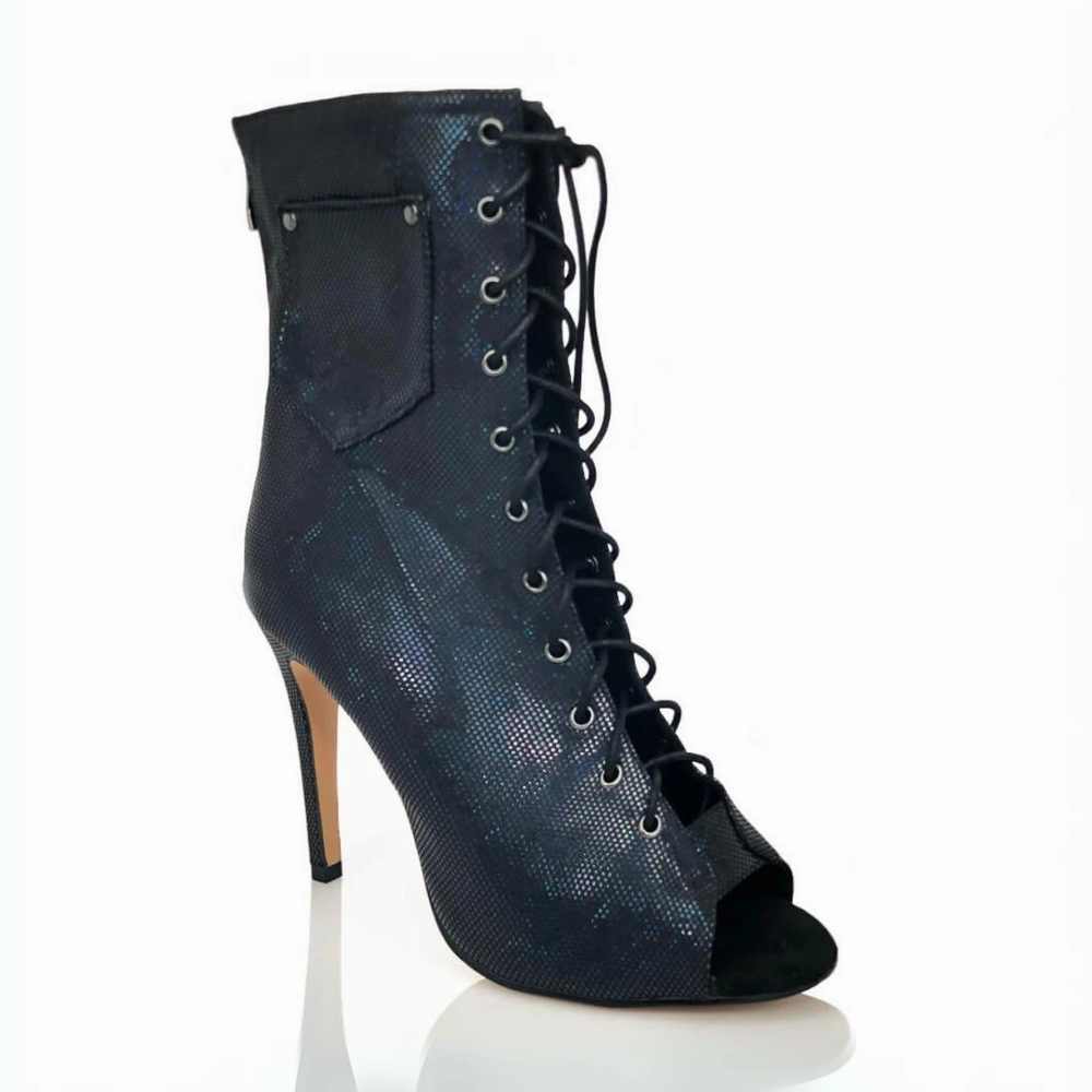 Deja Vu - Black Blue Metallic By Kiira Harper - Lace Up Latin Dance Booties (Street Sole) Adaptive Movement