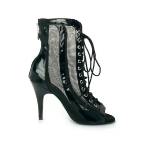 Soft Insole Sierra - Black Open Toe Lace Up Patent Leather and Mesh Latin Dance Booties (Street Sole)