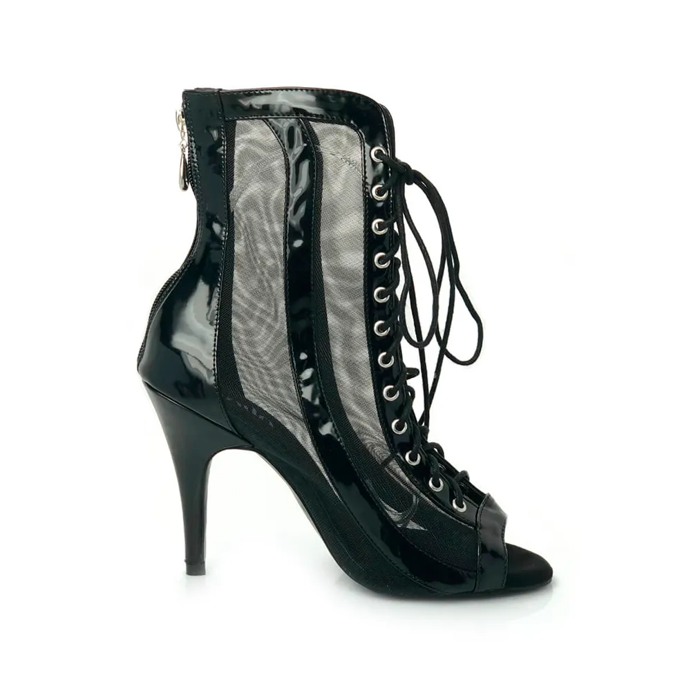 Sierra - Black Open Toe Lace Up Patent Leather and Mesh Latin Dance Booties (Street Sole) Odor Resistant High Utility